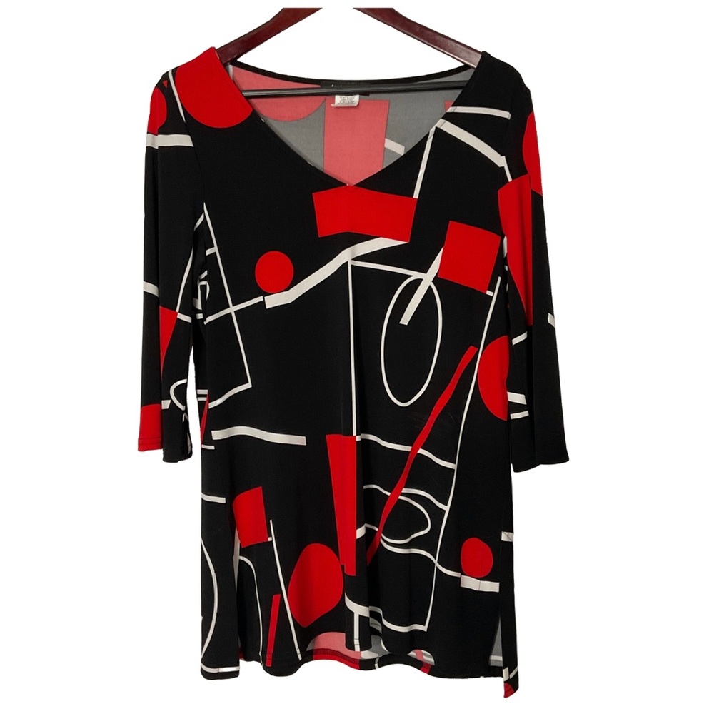 Michael Tyler Women’s Geometric Pattern 3/4 Sleeve Black Red White Tunic Sz M